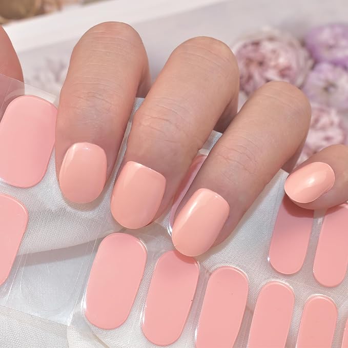Semi Cured Gel Nail Strips (Light Pink)-22 PCS Wine Red Nail Stickers | Works with Light | Manicure Wraps, Salon Quality & Easy to Use
