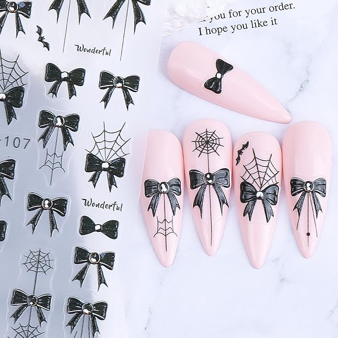 2 Pcs Halloween Nail Art Stickers,Spider Webs and Bloodstains Designs 3D Self-Adhesive Nail Decals Black Bow Nail Decorations Halloween DIY Manicure Supplies for Women Girls