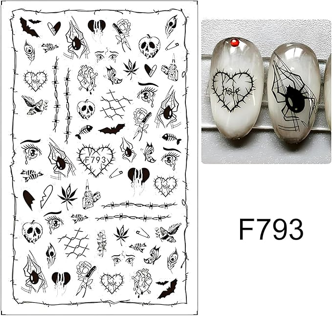 Halloween Nail Art Stickers, Cute Cat Nail Decals 3D Self-Adhesive with Spider Bat Pumpkin Flower Skull Spider Web Design 6Pcs Halloween Nail Art Supplies for Women Nail Decoration