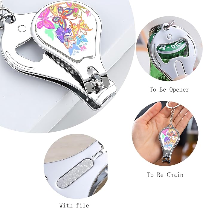 Toenail Clippers for Men 2 Pack Nail Clipper Set with Key Chain Cute Nail Cutter with Jar Opener for Dorm Room Essentials,Kitchen Gadgets,Golf Accessories(Color Butterfly)