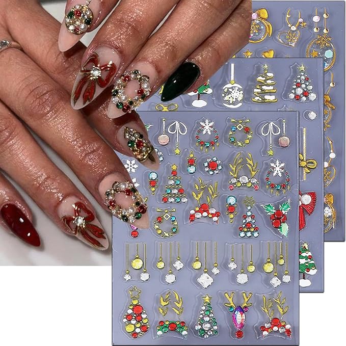 Christmas Nail Stickers Red Bow Glitter Diamond Sticker Decals DIY Self Adhesive Gold Christmas Tree Lights Snowflake Design Nail Decoration Supplies Holiday Manicure Accessories for Women Girls 3Pcs