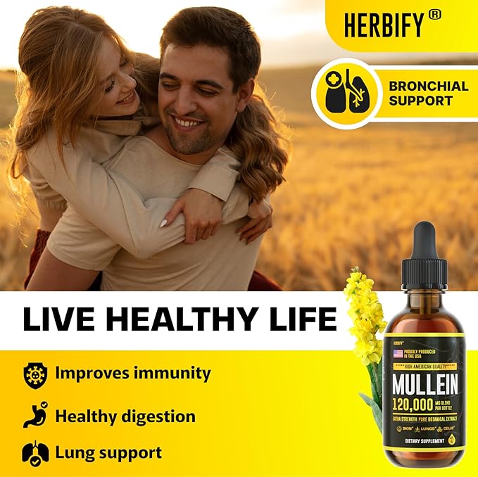 HERBIFY Mullein Drops - Lung Cleanse - Leaf Extract - Powerful Mullein for Immune Support,Detox & Respiratory Support - Made in USA - Lung Cleanse for Smokers - 4 Oz