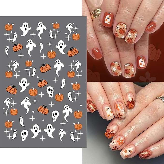 12 Sheets Halloween Nail Stickers Ghost Mummy Pumpkin Nail Decals Spider Bat Skull Designs Nail Decorations Halloween Cute DIY 3D Self-Adhesive Manicure Supplies for Women Girls