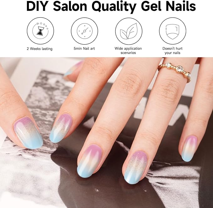 Semi Cured Gel Nails Strips - 28 pcs UV Gel Nail Stickers for Women Work with Any UV Lamp, Long Lasting Nail Wraps for Home DIY Nails Art