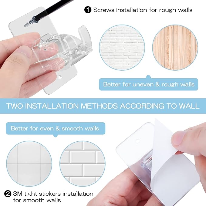 CIEMGNZOC 8PCS No Drill Curtain Brackets, Nail Free Adjustable Curtain Hooks for Rods Under 1.57 Inch (Transparent)