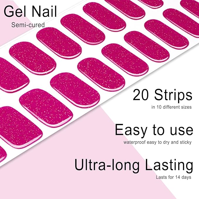 Semi Cured Gel Nail Strips, 20pcs Sparkling Berry Pink Gel Nail Stickers - Works with Any UV Lamps, Long Lasting Full Wraps, Easy to Apply and Remove