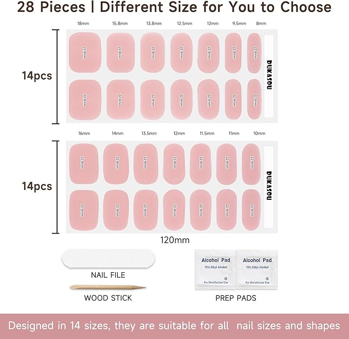 Semi Cured Gel Nails Strips - 28 pcs UV Gel Nail Stickers for Women Work with Any UV Lamp, Long Lasting Nail Wraps for Home DIY Nails Art (Jelly Rose)