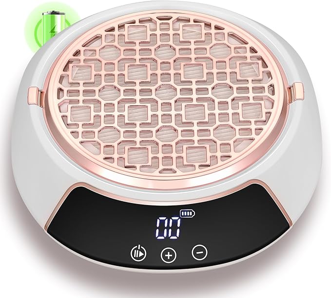 Rechargeable Nail Dust Collector Cordless Powerful Vacuum Fan with LED Display, Adjustable Speed, Reusable Fillter, Manicure Tool for Acrylic Nails, Salon & Home White