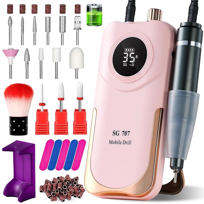 Professional Electric Nail Drill Kit 35000RPM with 14PCS Bits Pink Portable Rechargeable Cordless File Machine for Acrylic Gel Powder Nails and Manicure Pedicure Toenail Tool Salon Set