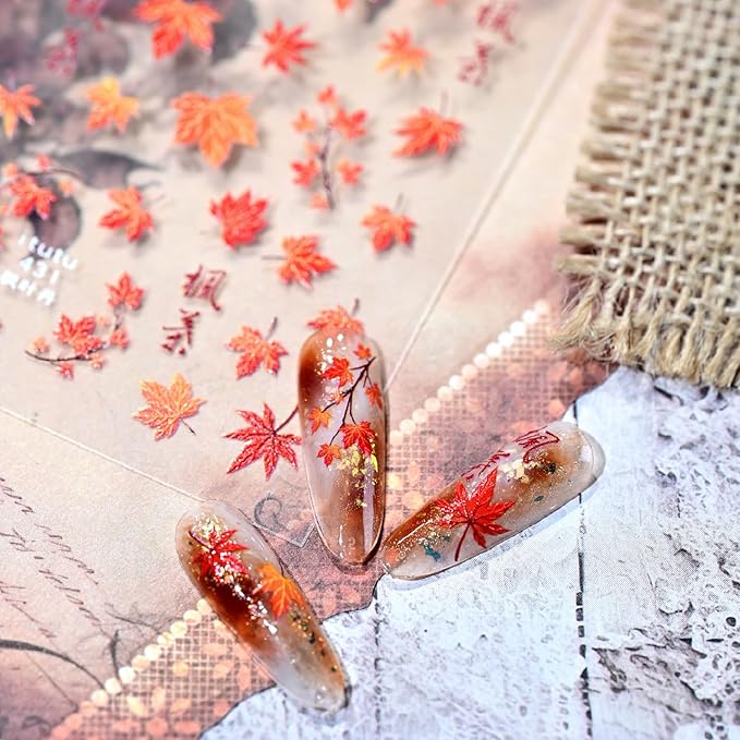 1Sheet Autumn Maple Leaves Nail Art Stickers 5D Embossed Thanksgiving Nails Decals Self Adhesive Fiery Red Maple Leaf Nail Sticker with Glitter Designs Nail Decal for Women Nails Decoration Supplies