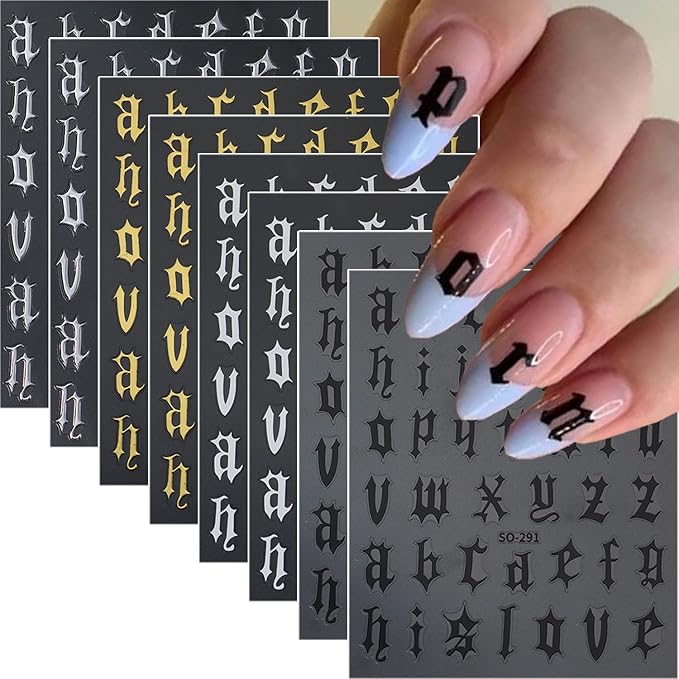 Retro English Letters Nail Stickers 3D Self Adhesive Old English Nail Art Stickers Black White Gold Silver Nails Design Decals Old Alphabet Nail Decorations for Women DIY Nails Supplies 8Sheets