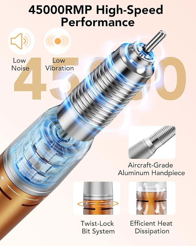 Professional Nail Drill with Foot Pedal, Nail E File 45000 RPM Speed, Electric Nail Filer for Acrylic Nails, F/R Rotation, 65W Power, Quite Nail Drill Machine for Women Orange