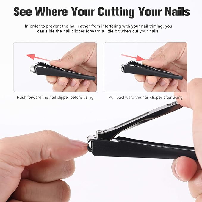 FERYES Nail Clippers with Catcher 2 PCS Set, No Splash Fingernail Clipper and Toenail Clipper, Stainless Steel Nail Cutters - W/Black Metal Case Packing