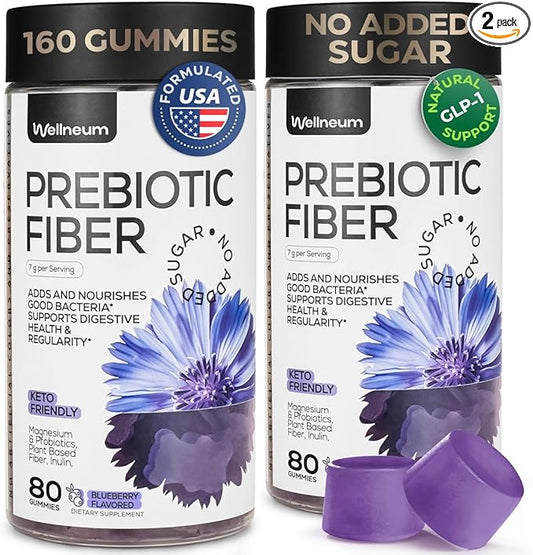 High Prebiotic Fiber Gummies for Women and Men 7G per Serving - Natural GLP-1 Support - Beet FOS Fiber, Magnesium, Inulin, Probiotic - Gummy Supplement for Digestive Health - Sugar Free - 2 Pack