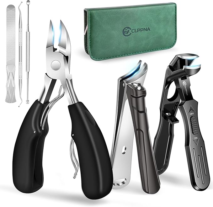 Toenail Clippers for Seniors Thick Toenails, CLPPNA Angled Head Large Toe Nail Clippers Set for Men, Heavy Duty 45° Ingrown Toenail Clippers, 37mm Wide Opening Nail Cutter with Long Handle, 6PCS