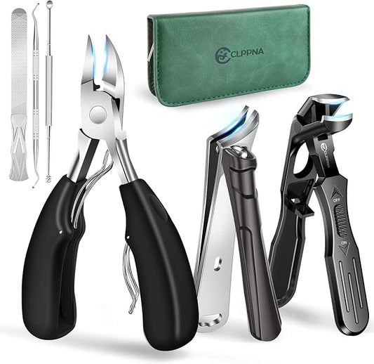 Toenail Clippers for Seniors Thick Toenails, CLPPNA Angled Head Large Toe Nail Clippers Set for Men, Heavy Duty 45° Ingrown Toenail Clippers, 37mm Wide Opening Nail Cutter with Long Handle, 6PCS