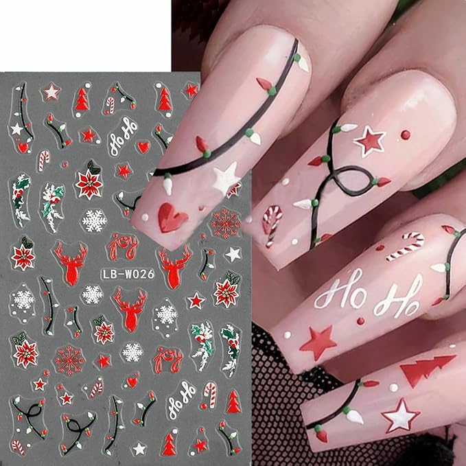 Christmas Nail Art Stickers Winter Nail Decals Snowflake Nail Stickers for Nail Art Cedar Green Red Christmas Tree Design 3D Self Adhesive Nail Sticker for Women Decor Holiday Accessories 4 Sheets