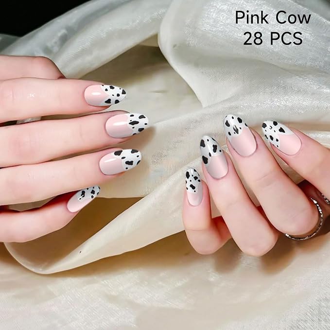 Semi Cured Gel Nail Strips, 28 pcs Gel Nails Stickers for Women Work with Any UV Lamp, Salon Quality Nail Wraps for Home DIY Nails Art (Pink Cow)