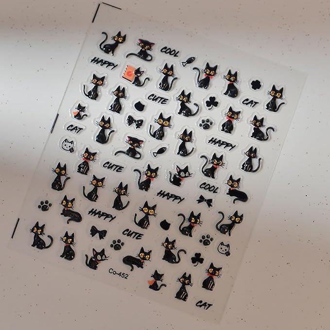 Halloween Nail Stickers for Nail Art Cool Cat Nail Art Stickers Black Fish Bow 5D Embossed Nail Decals Self-Adhesive Nails Supply Manicure Holiday for Nails Decoration