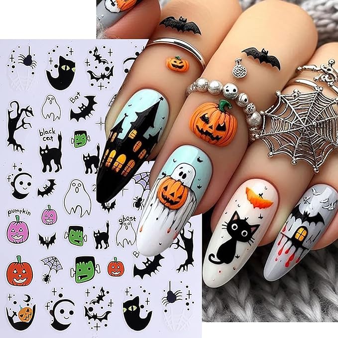 5 Pcs Halloween Nail Art Stickers,Pumpkin Spider Webs and Cute Ghost Designs 3D Self-Adhesive Nail Decals Skull Bat Halloween Nail Decorations DIY Manicure Supplies for Women Girls