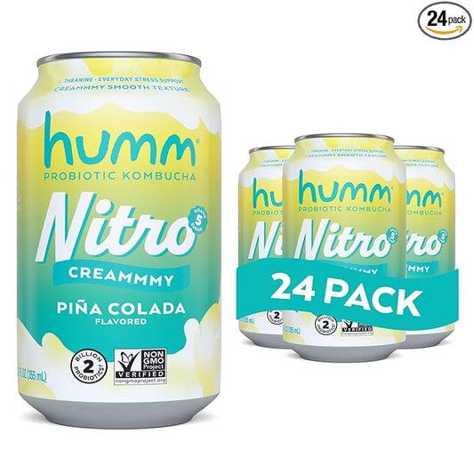 Humm Nitro Kombucha Piña Colada, Creamy Smooth Probiotic Drink with L-Theanine, Non-GMO, Vegan, Gluten Free, 12 fl oz (Pack of 24)