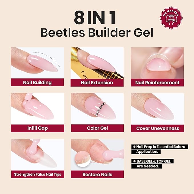 Beetles Builder Gel for Nails-Garnet Glow 0.5 oz 8 in 1 for Building Apex Strengthening Thickening Extension DIY Salon at Home for Beginner,Red Builder Nails Gel,Halloween Nails,LED & UV Lamp Needed