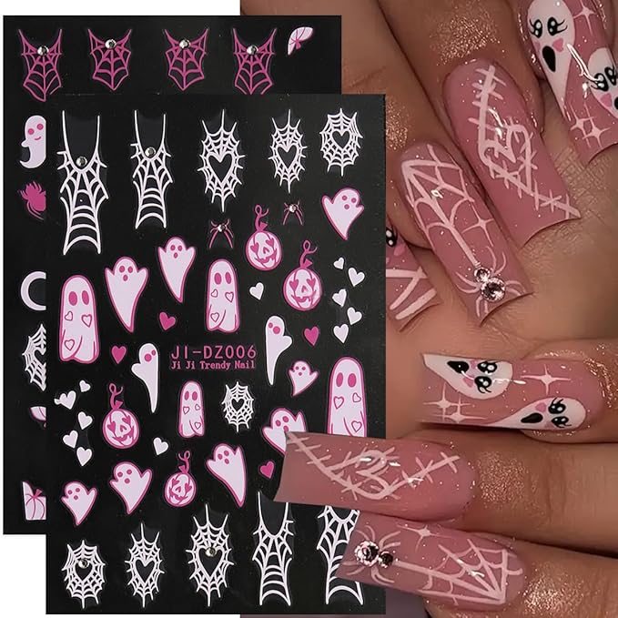 Halloween Nail Stickers for Nail Art - 6 Sheets Pink White Ghost Spider Web 3D Self-Adhesive Design With Rhinestones Charms