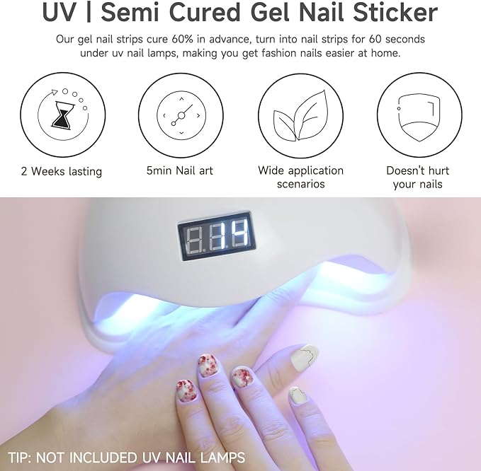 Semi Cured Gel Nail Strips | 28 pcs Gel Nails Strips Work with Any UV Lamps, Long Lasting UV Nail Stickers for Women DIY Nails Wraps(Sakura White)