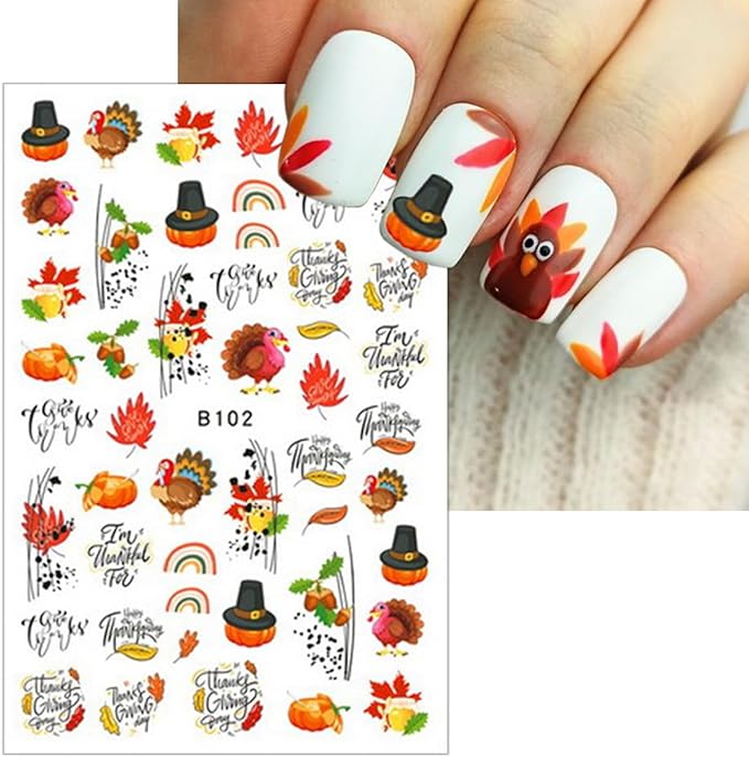 8 Sheets Thanksgiving Nail Decals 3D Self-Adhesive Autumn Pumpkins Nail Art Stickers Thanksgiving Maple Leaves Turkey Nail Art Decals Fall Maple Leaf Nail Stickers for Women Girls Nail Design Supply