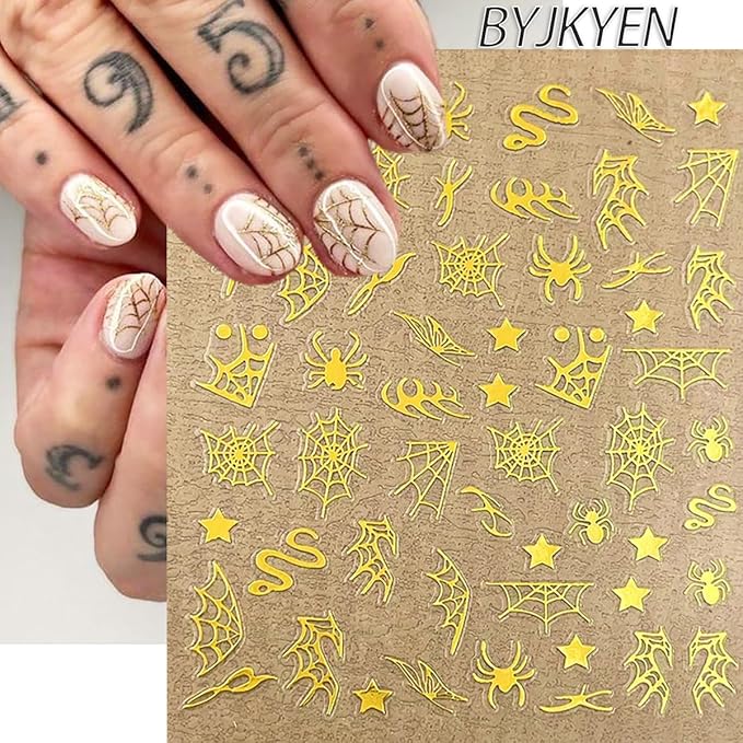 Spider Web & Snake Nail Art Stickers - Halloween Decals, Black & White, Gold & Silver, Self-Adhesive, 8Pcs