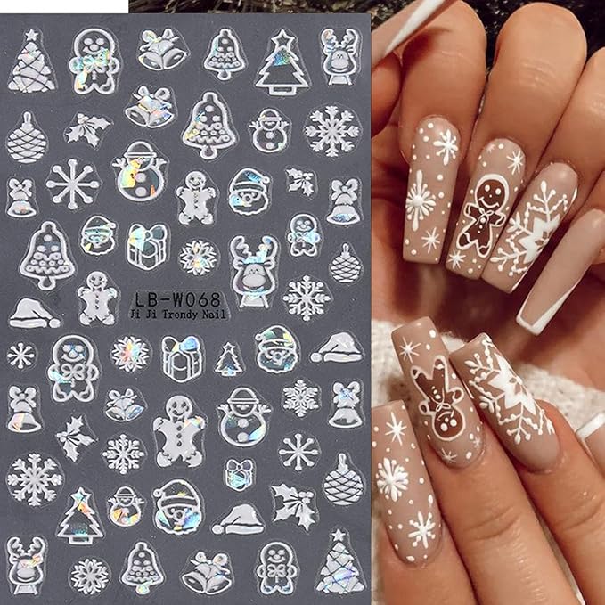 6 Sheets Snowflake Nail Art Stickers Christmas Santa Hat Nail Decals Aurora Gingerbread Man Bell Nail Design 3D Self Adhesive Cute Nail Stickers for Women Decoration Manicure Supplies