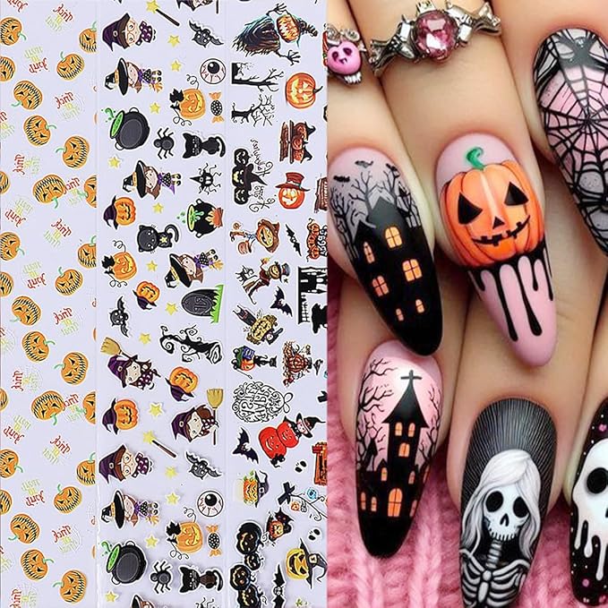 10 Rolls Halloween Nail Stickers Cartoon Pumpkin Nail Art Stickers with Spider Skull Bat Cat Design Sticker Cute Ghost Nail Decals Nail Supplies for Women DIY Acrylic Nails Manicure Wraps Decoration