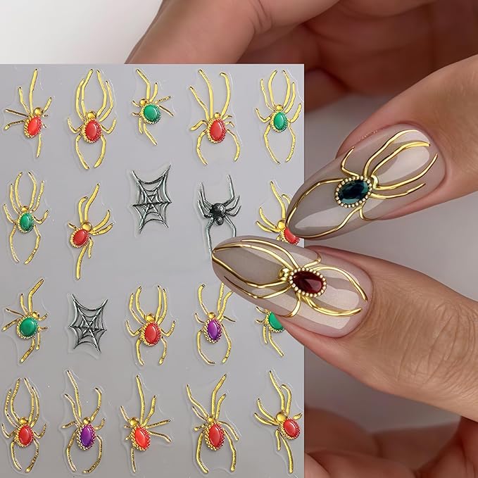 5D Halloween Nail Stickers Spider Ghost Nail Art Stickers Self-Adhesive 5D Engraved Retro Picture Frame Ghost Nail Decals Pegatinas Uñas Jelly Spider Nail Supplies for Women Nails Decorations 2Pcs