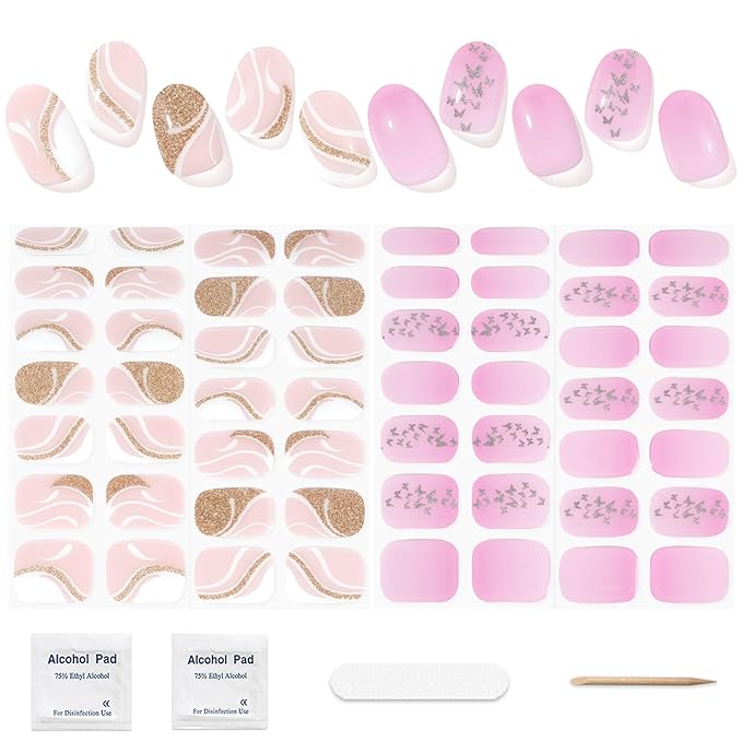 Semi Cured Gel Nail Strips 2 Set, (French,Gradient Pink) 56 Pcs Gel Nail Stickers Wraps, Works with Any UV Lamps,Long Lasting DIY Nail Art Gift for Women,Salon-Quality, Easy to Apply