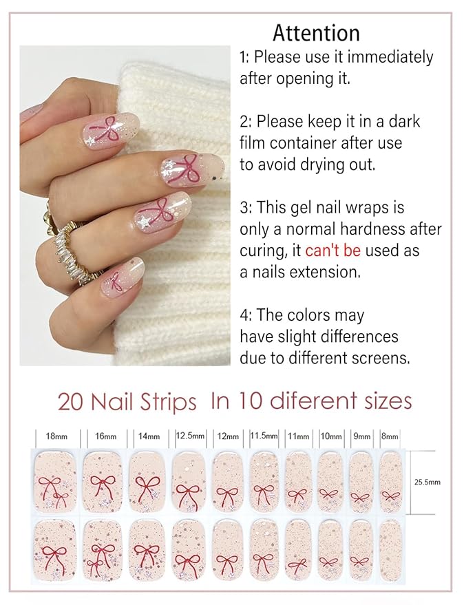 Semi Cured Gel Nail Strips, Bowknot, Glitter, Easy to Use and Remove, 20pcs Gel Nails Sticker for Home Nails DIY