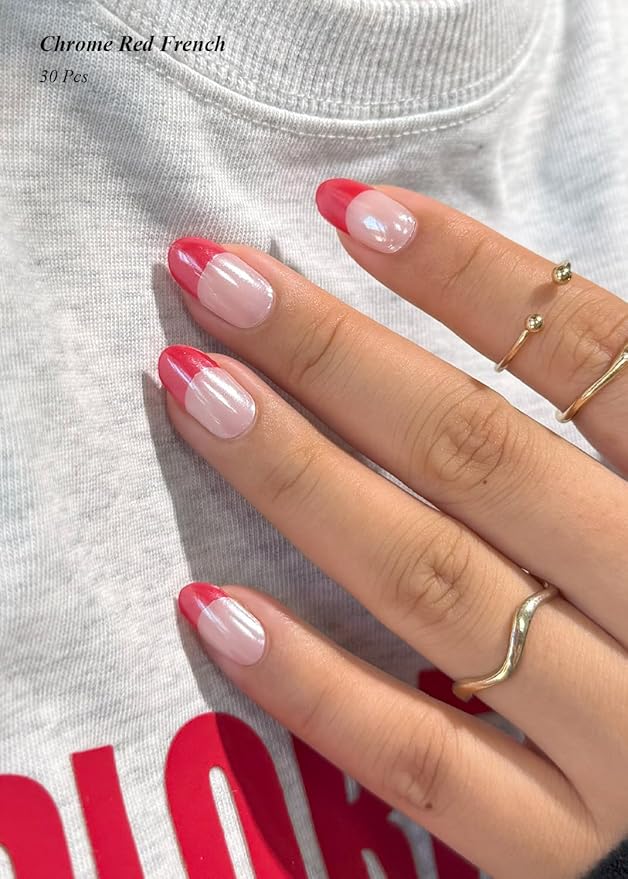 Semi Cured Gel Nail Strips (Chrome Red French), Glazed Donut, 30 Pcs Gel Nail Wraps, Stickers, UV Light Required