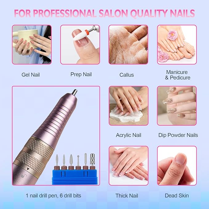 Goodoo Portable Nail Drill Electric File, Professional Rechargeable Nail Drill 35000 RPM with LCD Display for Acrylic Gel Nail, Manicure Pedicure Polishing Nail Grinder for Salon Home Use