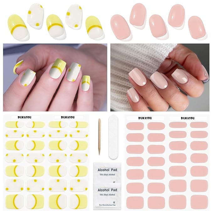 Semi Cured Gel Nail Strips 2 Set, (Nude/Jelly Orange) 56 Pcs Gel Nail Stickers Wraps Art DIY Gifts for Women Works with Any UV Lamps, Long Lasting,Salon-Quality, Easy to Apply & Remove