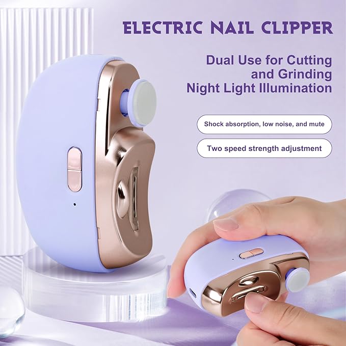 Electric Nail Clipper,2 in 1 Automatic Nail Trimmer with Polishing,Portable Fingernail Cutter 2 Speeds File Nail Clip Storage Rechargeable Safety Trimmer for Baby, Kids, Adults, Seniors (Purple)