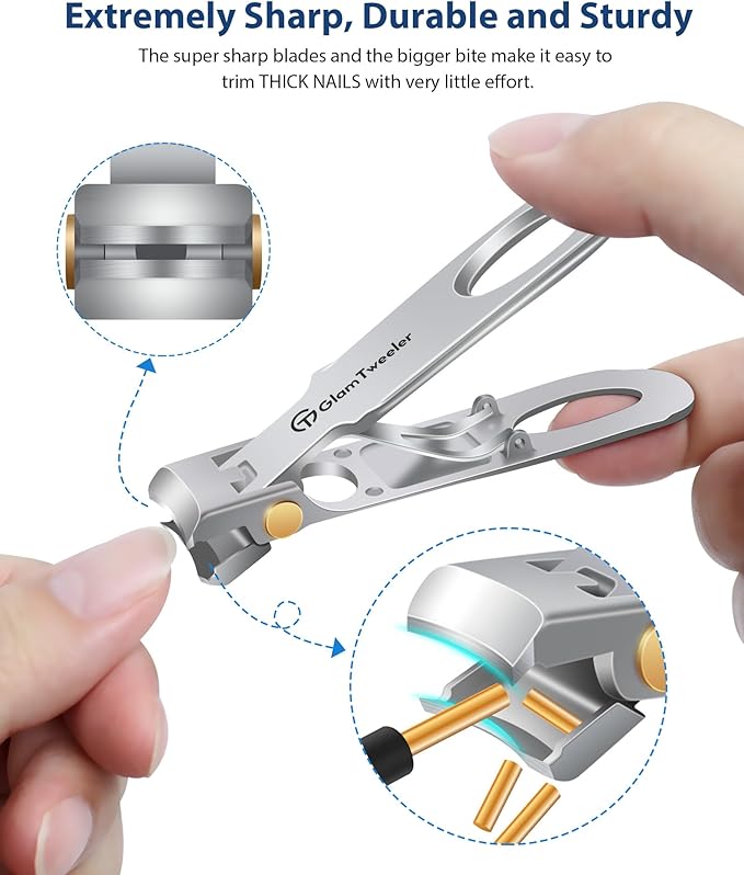 Anti-Splash Wide Jaw Opening Nail Clippers - GlamTweeler Ultra Sharp Extra Large Wide Opening Fingernail and Toenail Clipper with Glass Nail File (Silver_Curved)