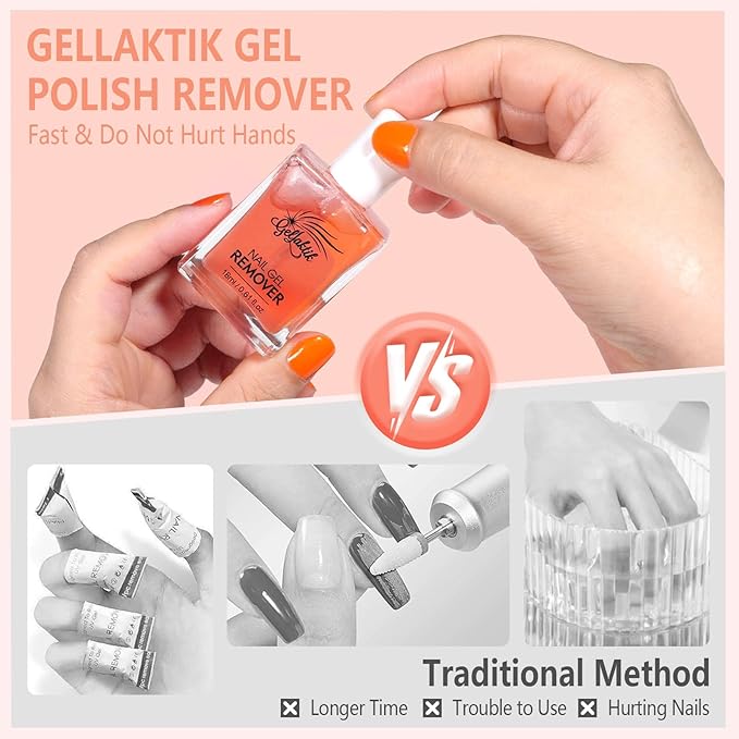 Gel Polish Remover Kit, 18ml×3 Set with Cuticle Oil & Liquid Latex Tape, No Soaking, Wrapping Required, Removes Gel Nails in 3-5 Mins, Includes Nail Pusher & File for Complete Nail Care