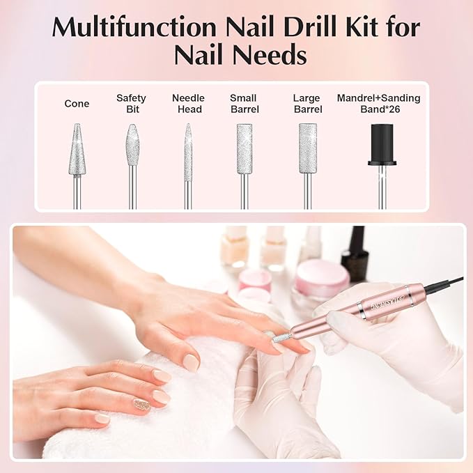 JIASHENG USB Electric Nail Drill, Portable File for Acrylic Gel Nails, Professional Kit for Manicure and Pedicure With Drill Bits for Home and Salon Use, Gold