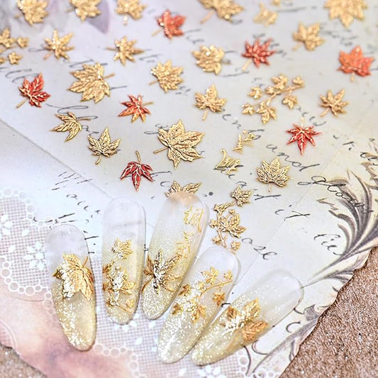 1Sheet 5D Embossed Thanksgiving Nail Art Stickers Self Adhesive Bronzing Fall Maple Leaves Design Nails Decals for Acrylic Nails Fiery Red Maple Leaf Nail Sticker for Women Autumn Nails Decor Supplies