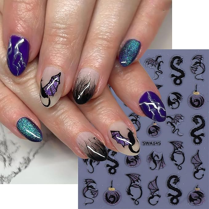 Halloween Nail Art Stickers Decals Metal Dragon Nail Decals Self-Adhesive Shiny Gold Silver Black Laser Dragon Nail Art Design Sticker Festival Fall Nail Stickers for DIY Manicure Decorations 4PCS