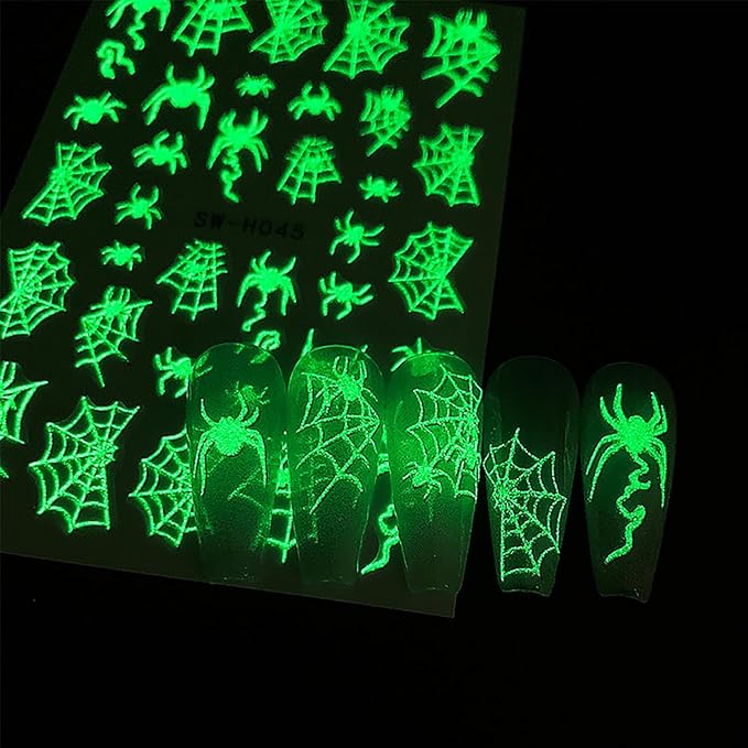 Halloween Nail Stickers,Skull and Spider Webs Design 3D Self-Adhesive Nail Decals Glow in The Dark Halloween Nail Art Decorations DIY Manicure Supplies for Women Girls 2 Sheet