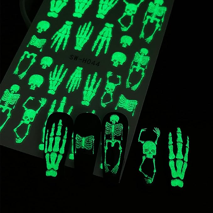 Glow in The Dark Nail Art Stickers Halloween Skull Nail Decals 6PCS Spider Web Skeleton Nails Design 3D Self-Adhesive Nail Art Supplies Halloween Stickers for Nails Luminous for Women DIY Manicure
