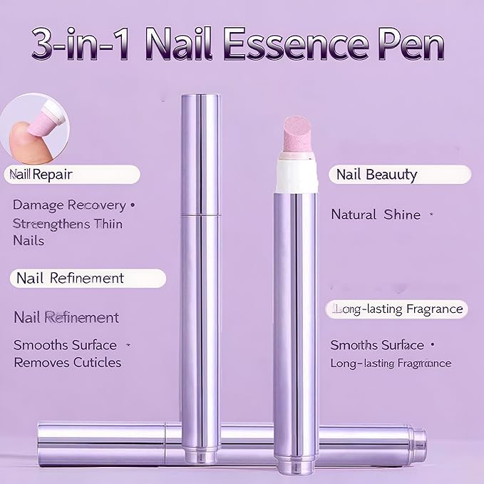 2025 Upgrade 3-in-1 Nail Care Pen, Ceramic Cuticle Pusher with Oil, Refillable Cuticle Oil Pen, Nail Buffer & Strengthener for Dry, Brittle Nails (1)