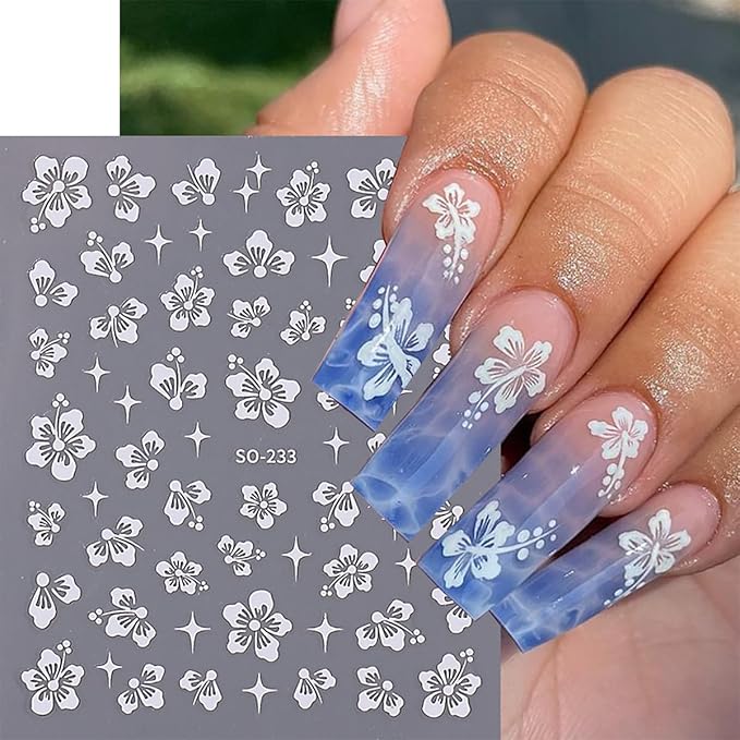 8Sheets Hibiscus Flower Nail Stickers - 3D Self-Adhesive Nail Decals in Gold, Silver, Blue, Pink & Holographic for Women's Manicure