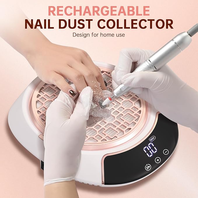 Rechargeable Nail Dust Collector Cordless Powerful Vacuum Fan with LED Display, Adjustable Speed, Reusable Fillter, Manicure Tool for Acrylic Nails, Salon & Home White