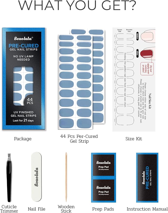 Pre Cured Gel Nail Strips - 44PCS Salon Quality Gel Nail Stickers - Long Lasting Polish Wraps for Women no UV Light Needed Easy Apply& Remove (Moss Blue)